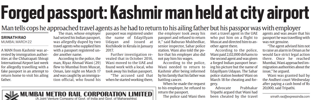 Forged passport: Kashmir man held at city airport
