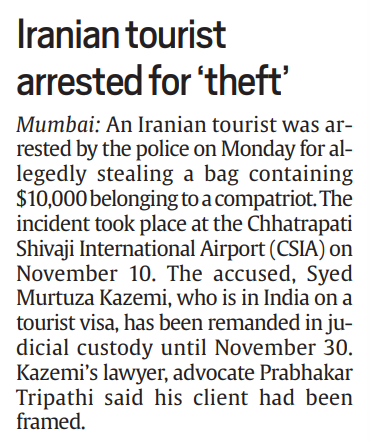 Iranian tourist arrested for ‘theft’