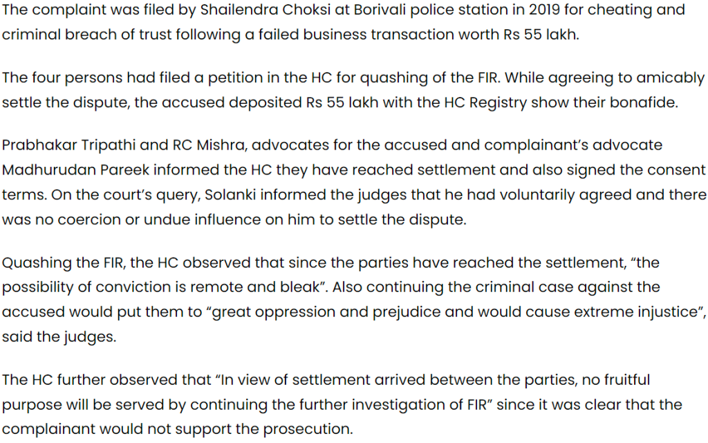 HC quashes FIR following amicable settlement, asks to pay cost towards betterment of children